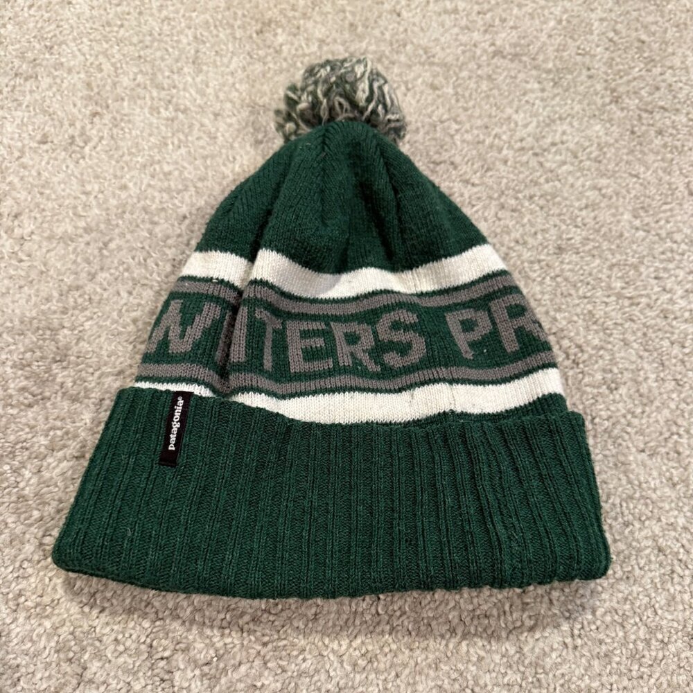 Patagonia Protect Our Winters POW PRO Beanie Knit Pom Green Gray Mens Hat - Picture 2 of 3